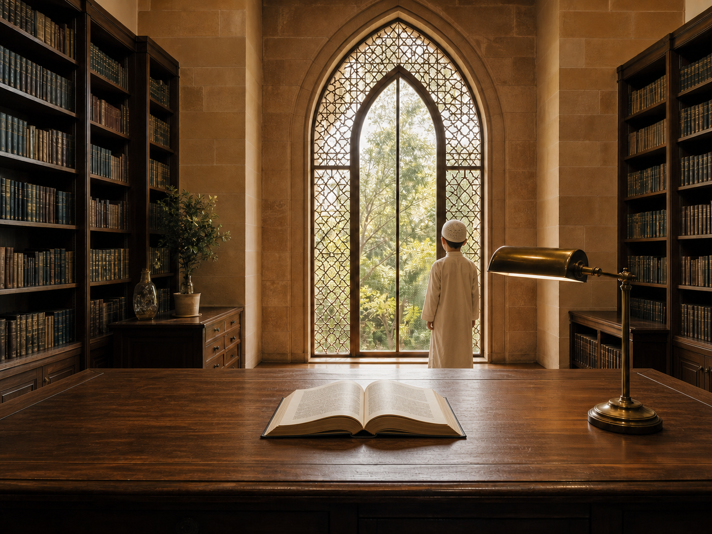 A young scholar seen from behind gazing through a sunlit arch window beyond a single open book